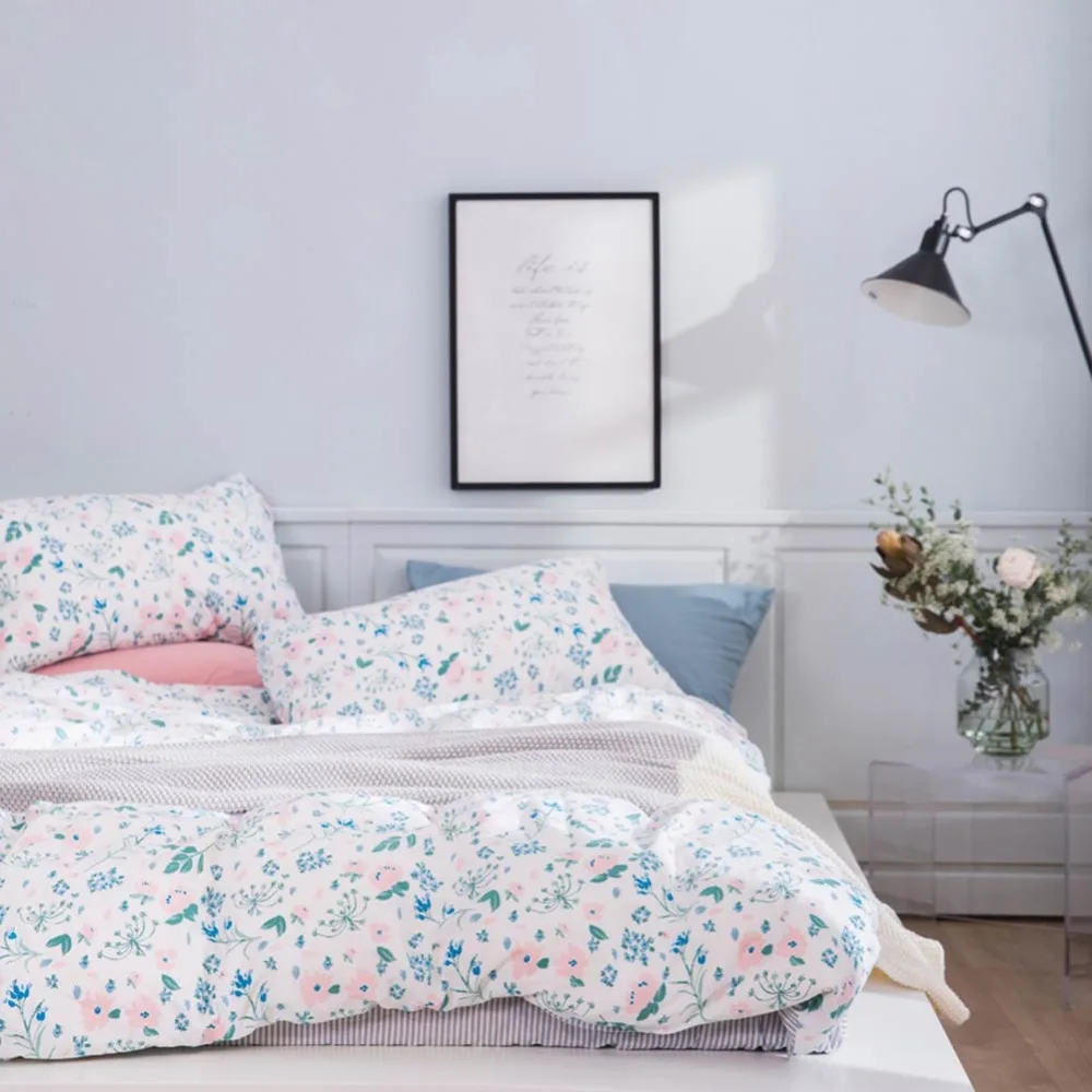 2019 Blue Pink Flowers Scandinavian Bedding Set Duvet Cover 4pcs Twin
