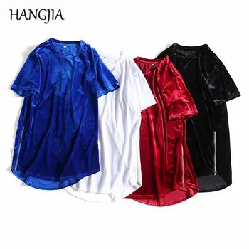 

4pcs Oversized Velvet T Shirt Men Women Hip Hop Side Zip Velour Tshirt Black/white/red/blue Streetwear Mens T-shirt Short Sleeve