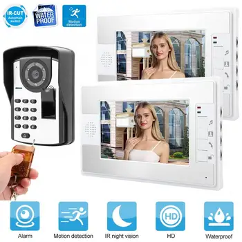 

7in 3.6mm LCD Wired Video Door Phone Intercom Doorbell Fingerprint Password Remote Unlock 1V2
