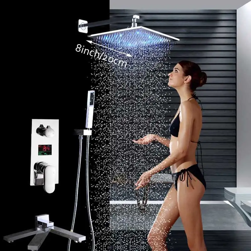 8 inch shower head Хромированный Светодиодный 1" дождевой смеситель для душа, хромированный Цифровой температурный экран, смеситель для душа для ванны с поворотным поворотом для ручного душа, складной носик - Цвет: 8 inch shower head
