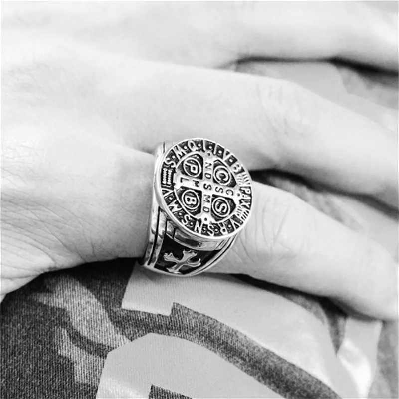 

Support Dropship New Arrival 316L Stainless Steel Catholic Church Saint Benedict of Nursia Christianity Jesus Exorcism Ring