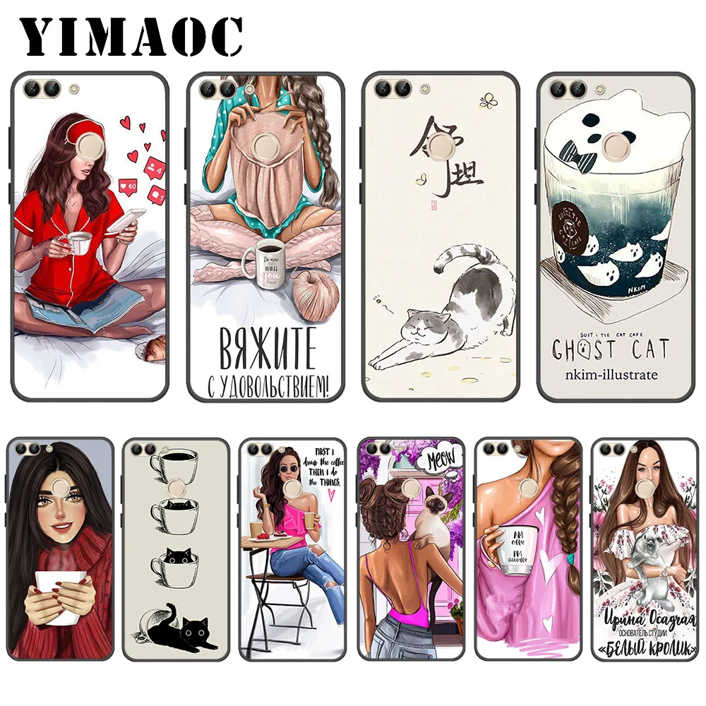 

YIMAOC Girls And Cat Coffee Soft Case for Huawei P20 P30 Lite Mini Plus Pro P Smart 2019