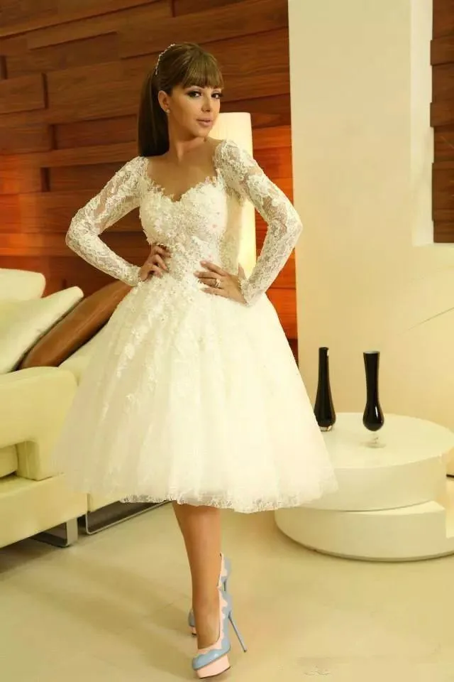 Мода прекрасный короткие Свадебные Платья 2016 новый милая длинные рукава аппликация кружева женщин коктель платье для формальных