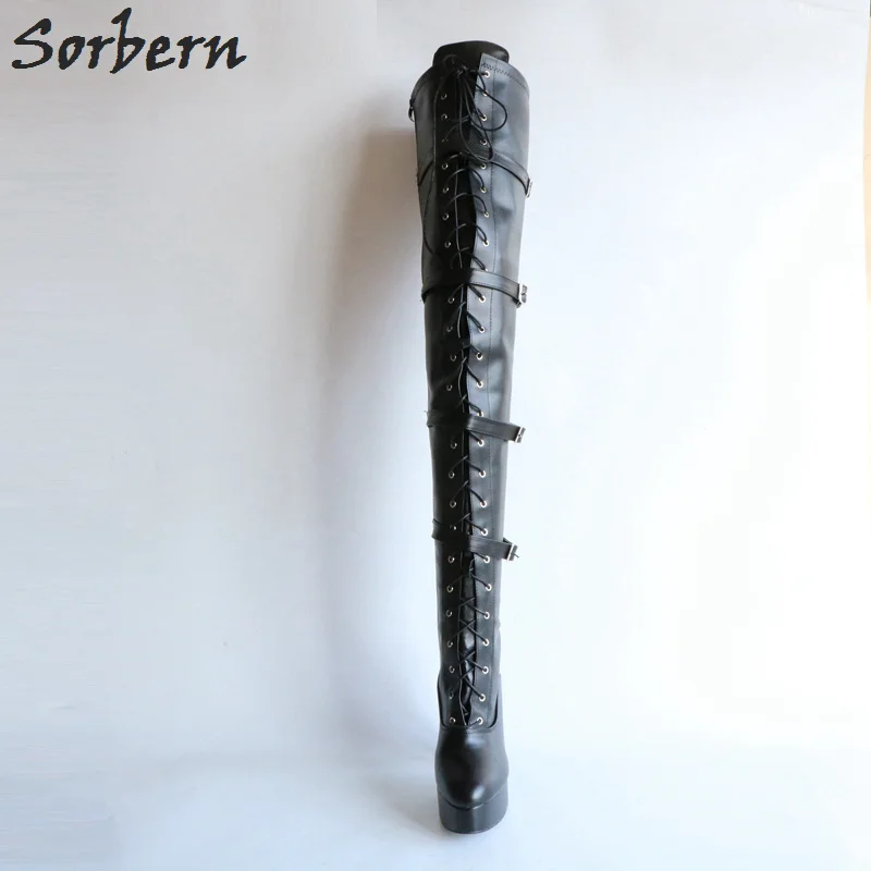 Женские высокие сапоги до бедра Sorbern на платформе 12 см со шнуровкой в стиле Goth