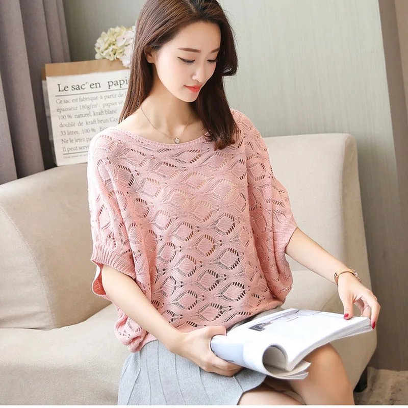 

Thin Summer Women Pullover Short Sleeve Hollow Out Crochet Sweater Loose Ladies Sweater Jumper Tops Knit Causal Round Neck Top