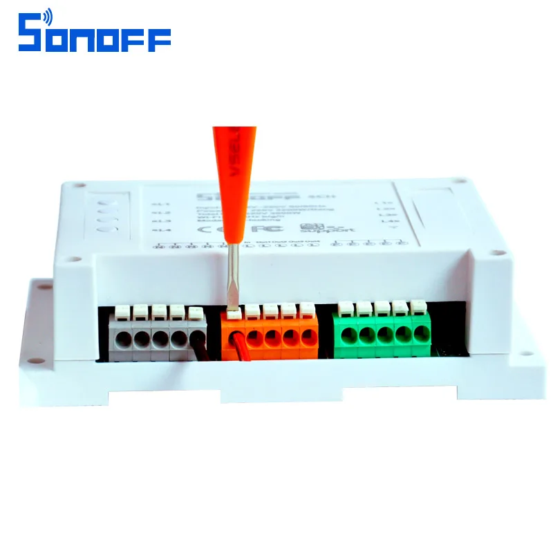 Интеллектуальный выключатель света Sonoff 4CH Интеллектуальный переключатель Wi-Fi универсальный пульт дистанционного управления интеллигентая(ый) переключатель прерыватель 4 канала c креплением на рейке Din для умного дома