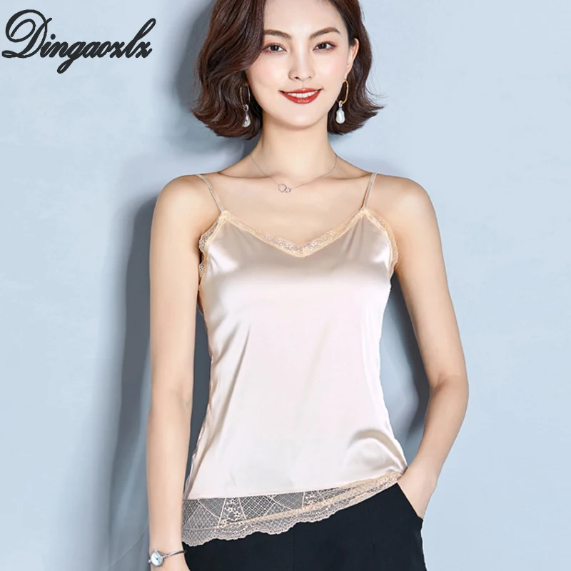 

Dingaozlz 2019 Silk Women Tank Tops Suspender shirt Patchwork Summer Camis Tops Sleeveless Sexy clothing