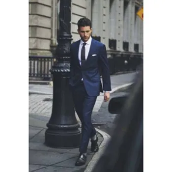 

Fashion navy Blue Mens Suits 2020 Elegant costume homme Men Suit Dinner Party Men Beach Wedding Dress (Jacket+Pants+Tie)