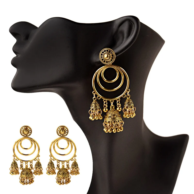 Винтажная Этническая Цыганская большая круглая Золотая серьги Jhumka индийские