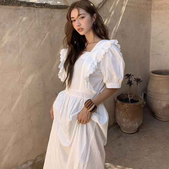 

Sweet Lady White Fancy Dress One Piece Summer Lantern Sleeve Square Neck Lace Hem Long Dress Robe Longue Vestido Largo Vestiti