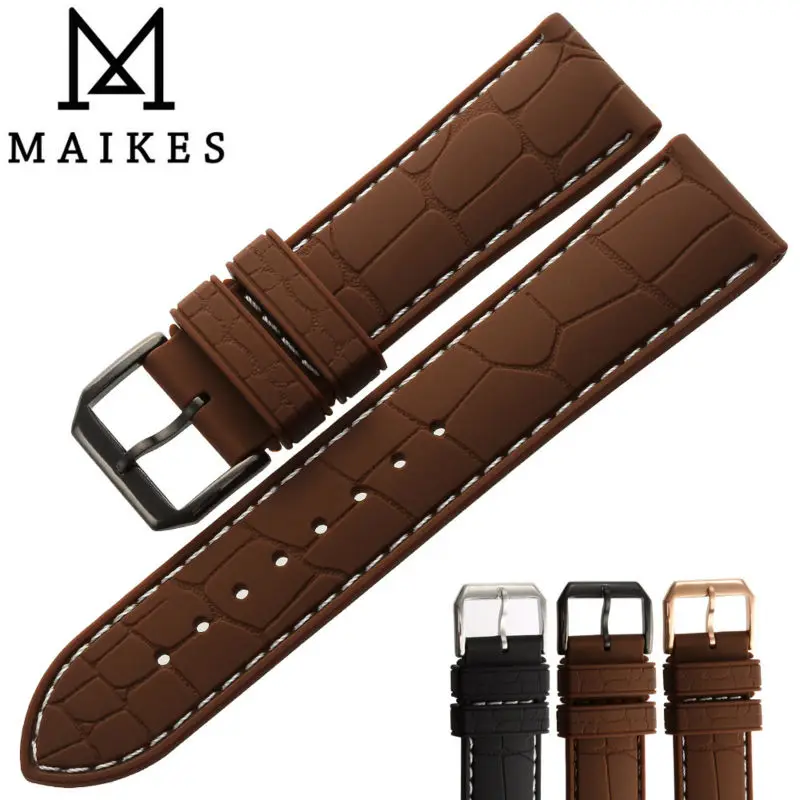

MAIKES 20mm 22mm Silicone Rubber Watch Band Men Dive Sports Brown Watch Strap Black Buckle White string Watchband