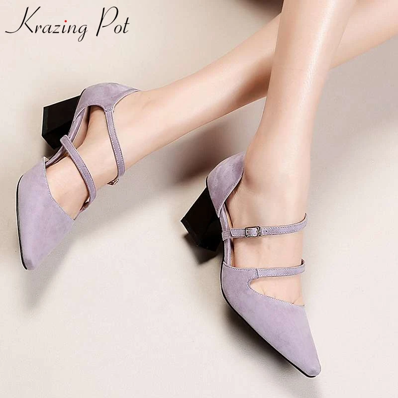 

Krazing Pot sheep suede shallow buckle straps big size fairy purple thick heels square toe concise European designer pumps L6f3