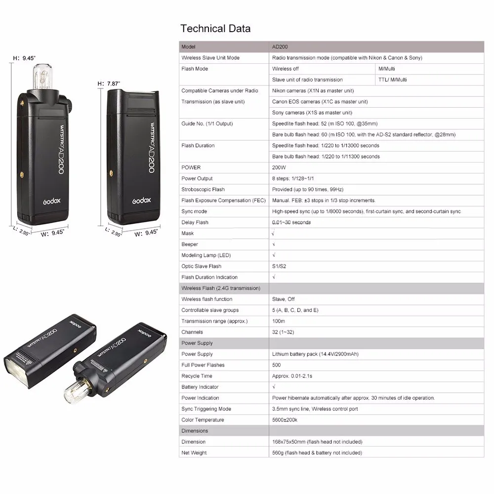 Godox AD200 200Ws 2,4 г ttl вспышка стробоскоп 1/8000 HSS Беспроводная монолайт с 2900 мАч литиму батарея и голые лампы/Вспышка Speedlite