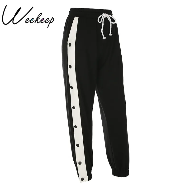 

Weekeep High Waist Women Pants Cotton Black Patchwork Sweatpants Womens Fashion Casual Pencil Pants Pantalon Femme Sweat Pants