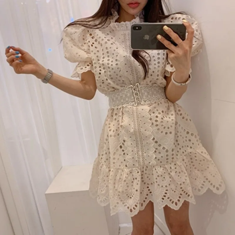 

YUZACDWX 2019 New Fashion women Summer puff sleeve Lace Dress temperament Hollow Out High Waist Korea Dresses vestidos Free belt