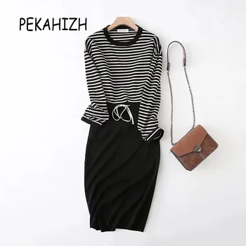 

Pullover striped sweater College style Women's suit O-neck Long sleeve Two-piece set