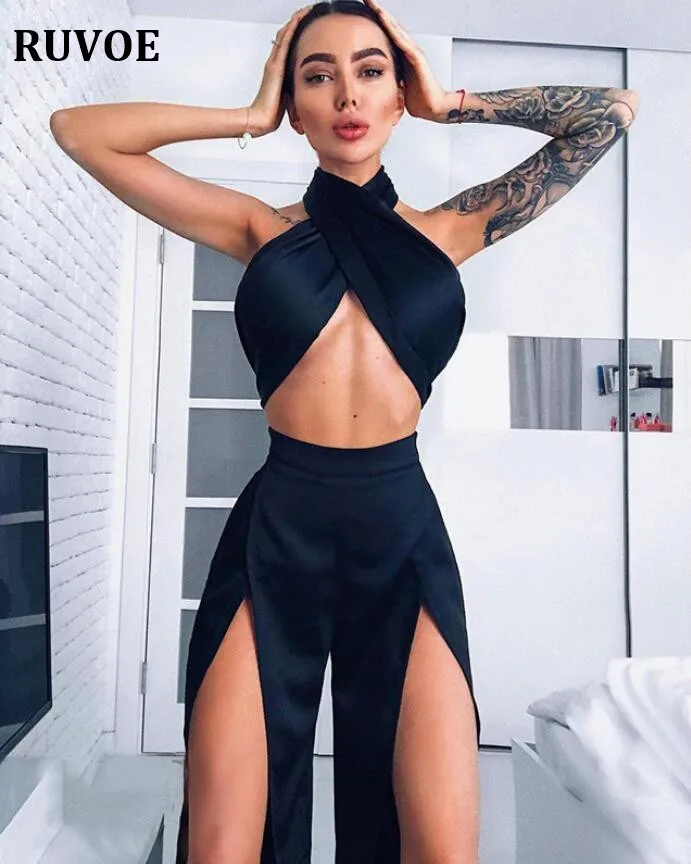 

Sexy Two Piece Set Jumpsuit for Women 2019 Solid Halter Crop Top And Knee-Length Bodycon High Split Pant Female Outfit YFL-126