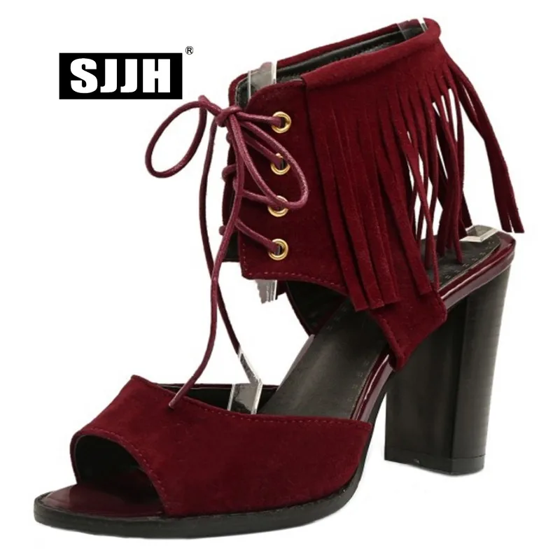 

SJJH Woman Roman Sandals with Peep Toe High Chunky Heels 9.5cm Cross-tied Footwear Fashion Casual Shoes Large Size A619