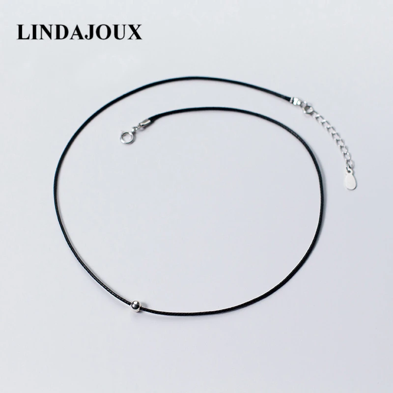 

LINDAJOUX 925 Sterling Silver Round Pendant PU Leather Chain Necklace For Women Female Sterling-Silver-Jewelry Chain