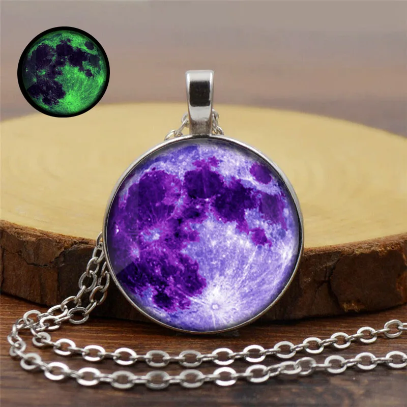 Hot sale Glow In The Dark Moon Pendant Necklace Galaxy Planet Glass Cabochon Luminous Jewelry Silver Chain Necklace Women