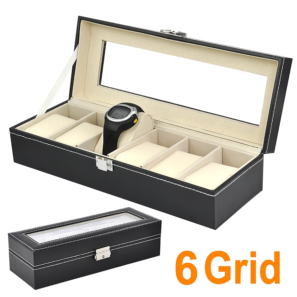 

YCYS Faux Leather 6 Grid Watch Display Box Case Black Storage Organizer