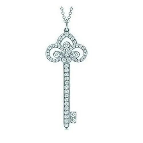 

Flower-de-luce Sterling Silver 925 Key Pendant Mciro Synthetic Diamonds Pendant Necklace White Gold Color Fancy Jewelry for Girl