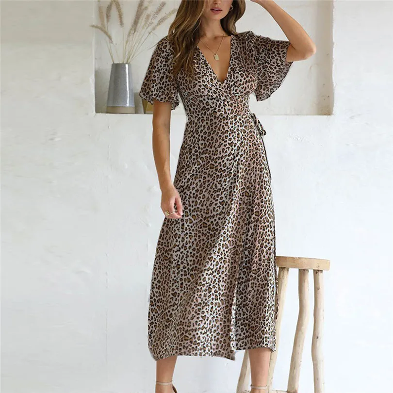 New Women Leopard Bohemian Long Dress 2019 Summer Sexy Deep V-neck Short Sleeve Long Maxi Party Beach Dress #E10 (22)