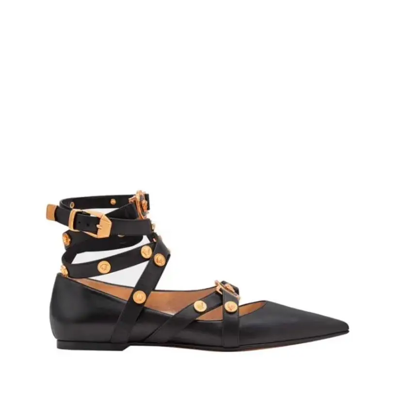 

Spring and summer new fashion metal Medusa leather low and shallow rivet sandals