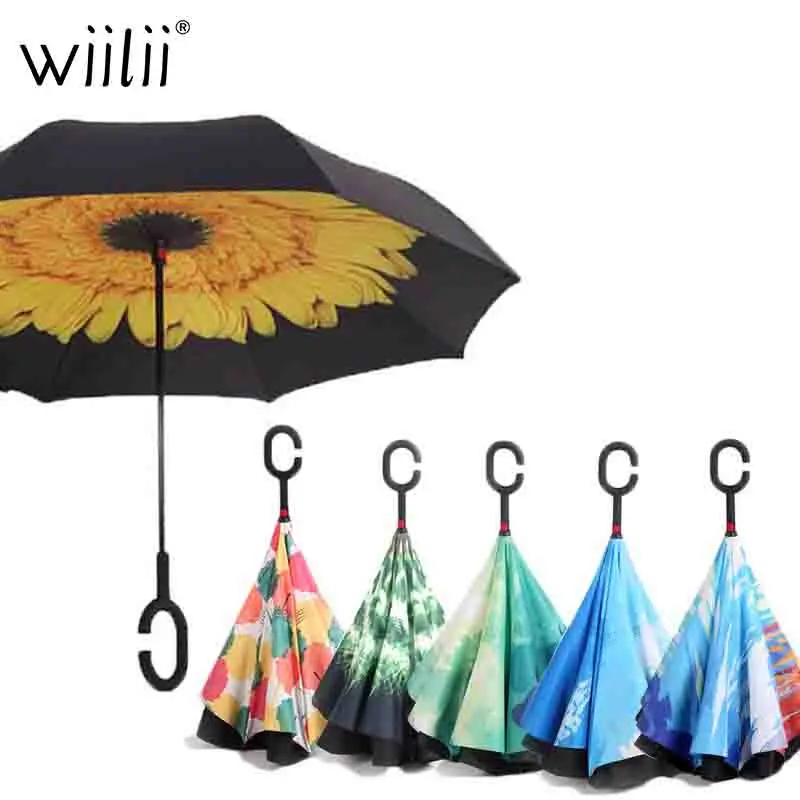 Реверсивные Зонты для двухслойного зонта, тканевые перевернутые зонты с ручкой, ветрозащитный зонтик с длинной ручкой, дождевик