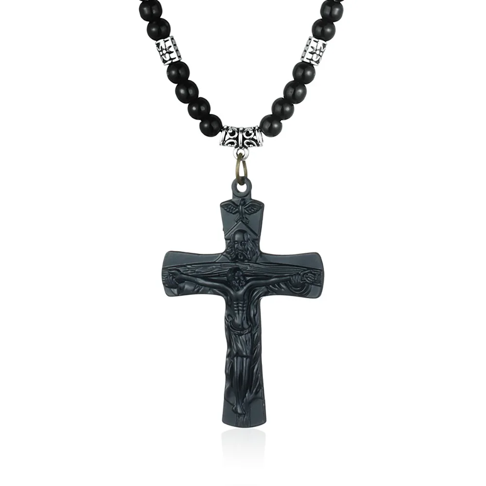 

Antique Stone Beaded Cross Pendant Necklaces Womens Mens Religious Prayer Jewelry Jesus Crucifix Chains Gifts bijoux koyle MN223