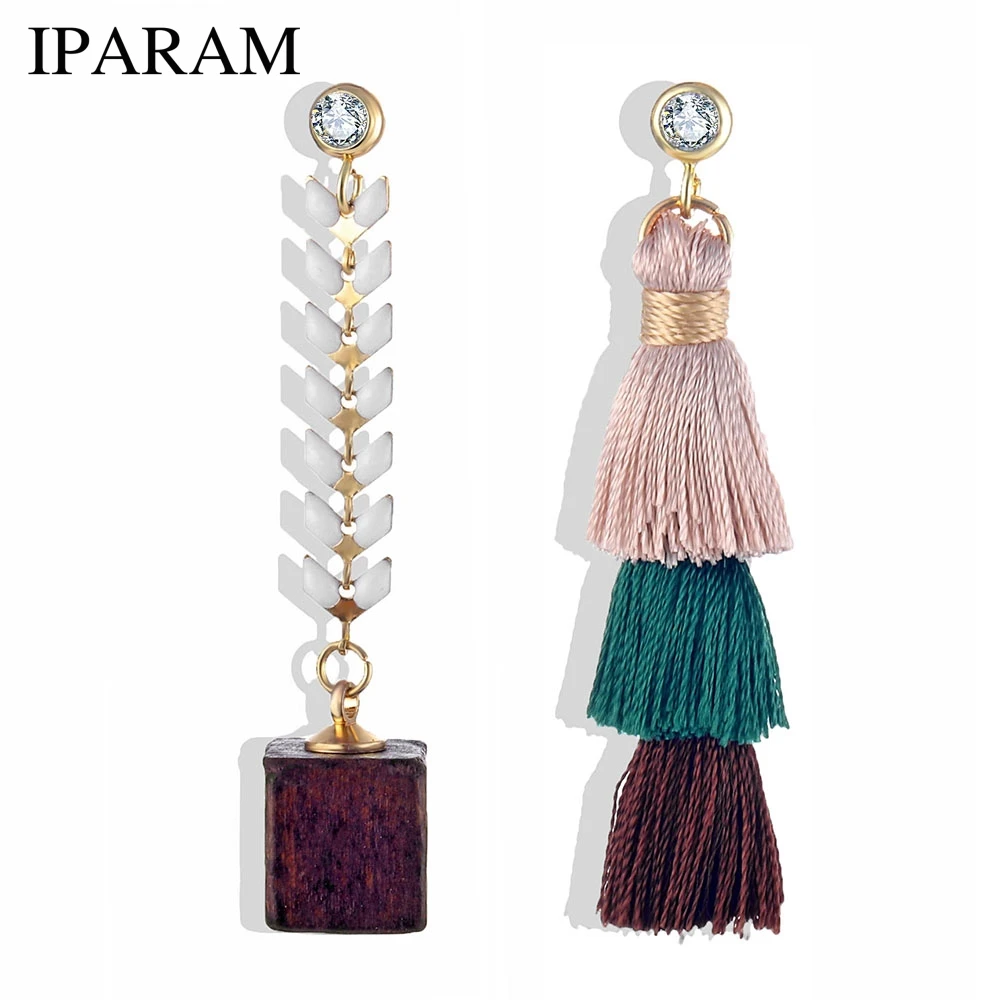

Fashion Korean Asymmetric Crystal Fishbone Chain Tassel Earrings 2018 Bohemian Colorful Wood Pendant Tassel Cotton Earrings