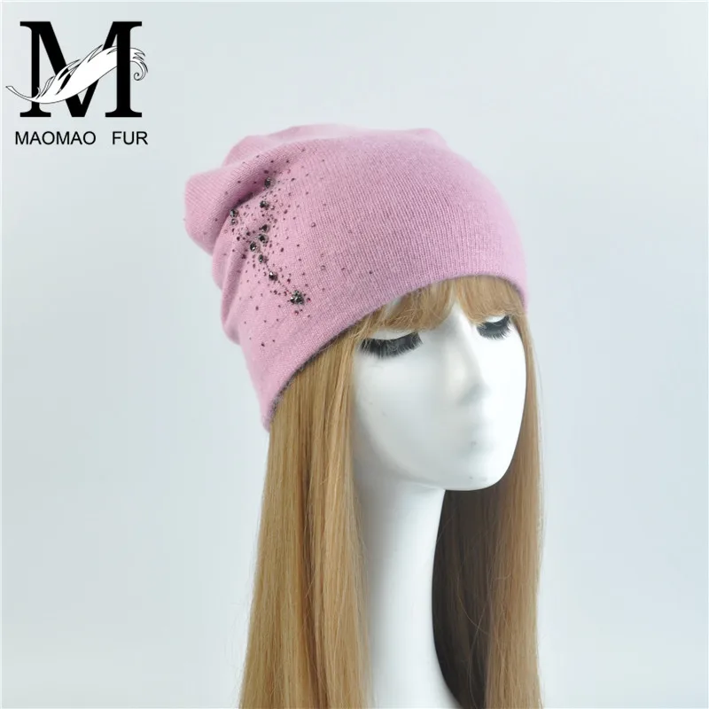 

Warm Women Winter Caps Soft Wool Knitted Hat Rhinestone Slouchy Beanie Female Fashion Solid Crochet Beanies Cap