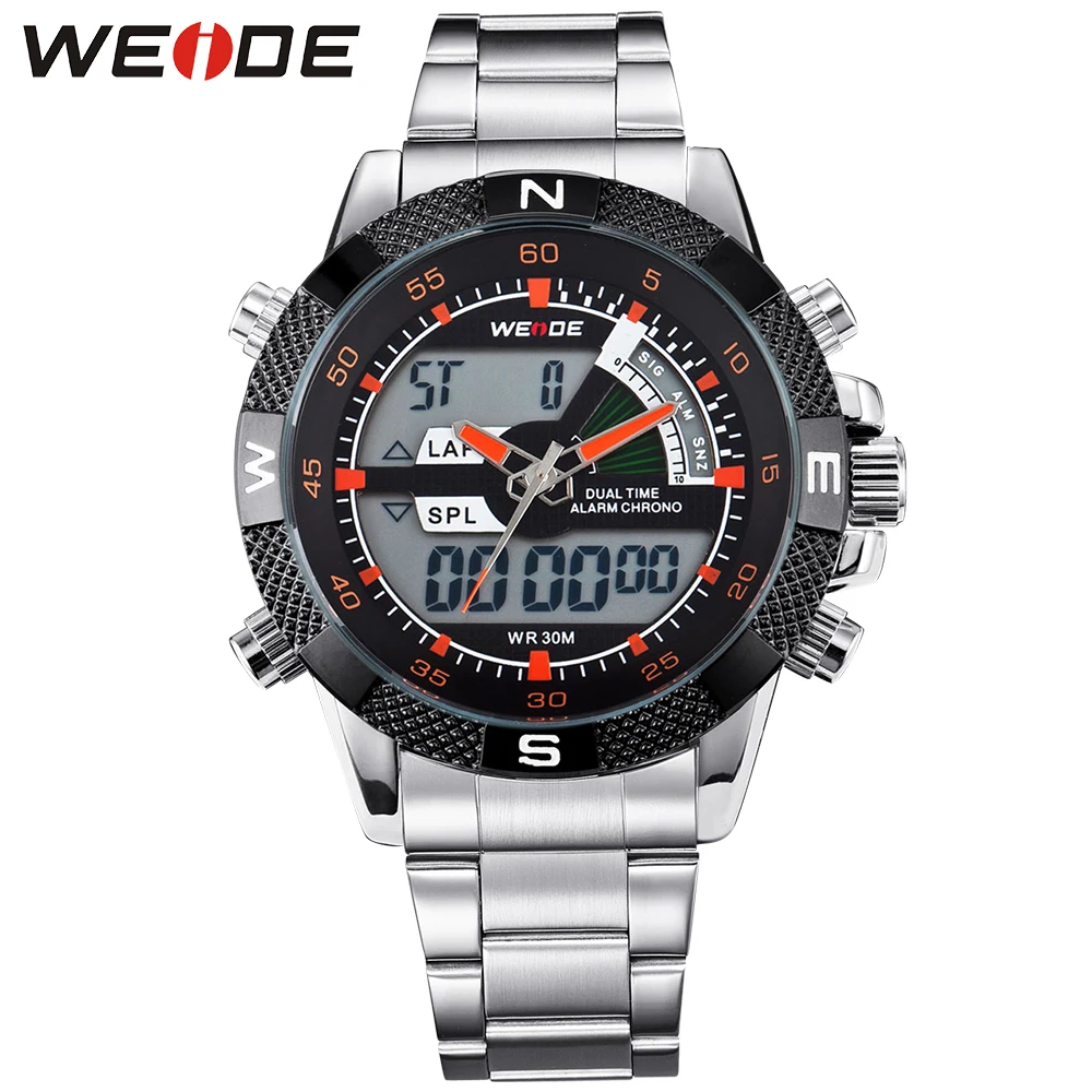 

WEIDE Military Army Waterproof Watches For Men Stainless Steel Band Mens Quartz Analog Digital Display Multi-Functional Watch