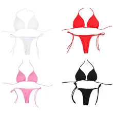 Женский сексуальный бикини с бретельками на бретельках, с рюшами, треугольный бюстгальтер с низкой талией, с Т-образным вырезом, со шнуровкой, с боковыми завязками, однотонный купальник с узором