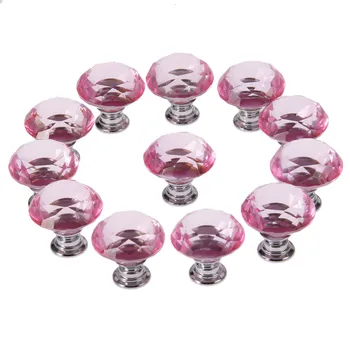 

DRELD 12PCS 30mm Diamond Crystal Glass Pink Door Pull Handle Drawer Wardrobe Cabinet Knobs and Handles Kitchen Furniture Handles