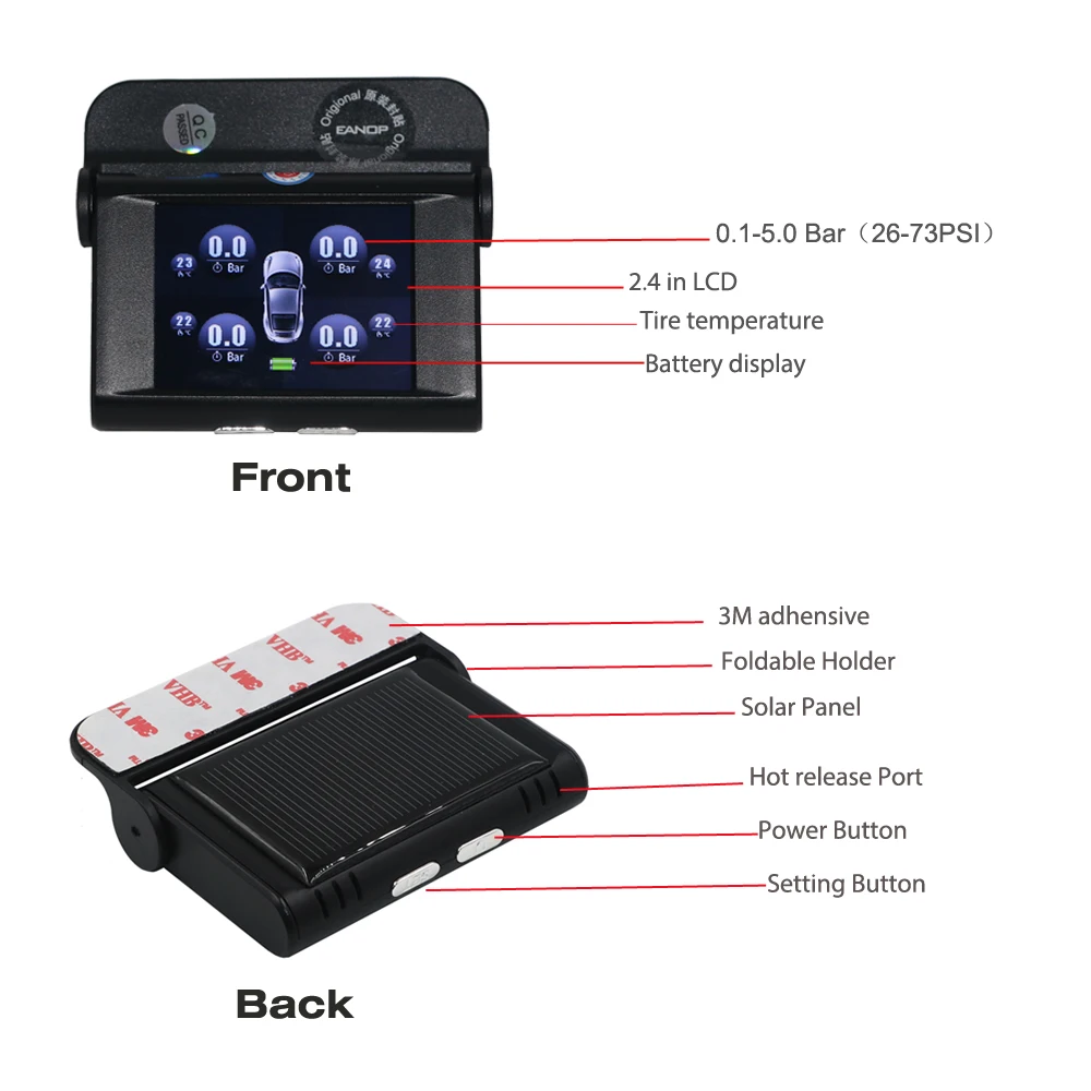 EANOP Solar TPMS TFT SCREEN With 4 Sensors PSI/BAR Tire Pressure Monitor Real time Temperature Monitoring Alarm System EANOP Solar TPMS TFT SCREEN With 4 Sensors PSI/BAR Tire Pressure Monitor Real time Temperature Monitoring Alarm System
