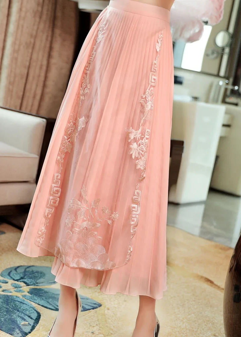 Высокое качество юбки 2019 Весна Лето Мода белый розовый юбка женская люрекс вышивка по щиколотку винтажные юбки плюс размер