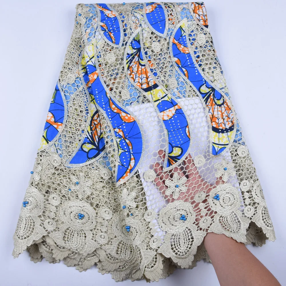 

High Quality Hollandais Wax Lace Fabric New Arrival Water soluble African Embroidery Dutch Wax With Guipure Lace FabricsF1587