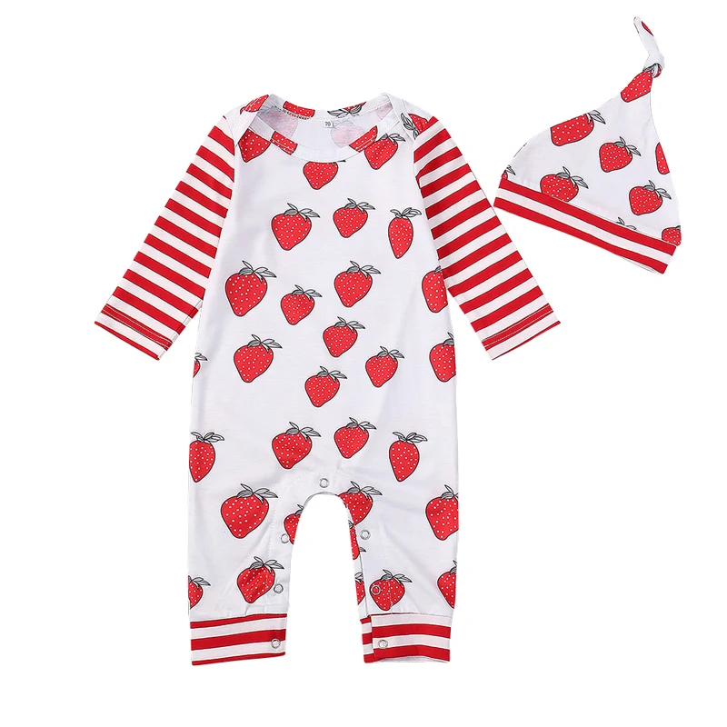 

0-24M Baby Clothes 2Pcs Autumn Newborn Girls Strawberry Rompers Set Long Sleeve Patchwork Bodysuit Hats Set