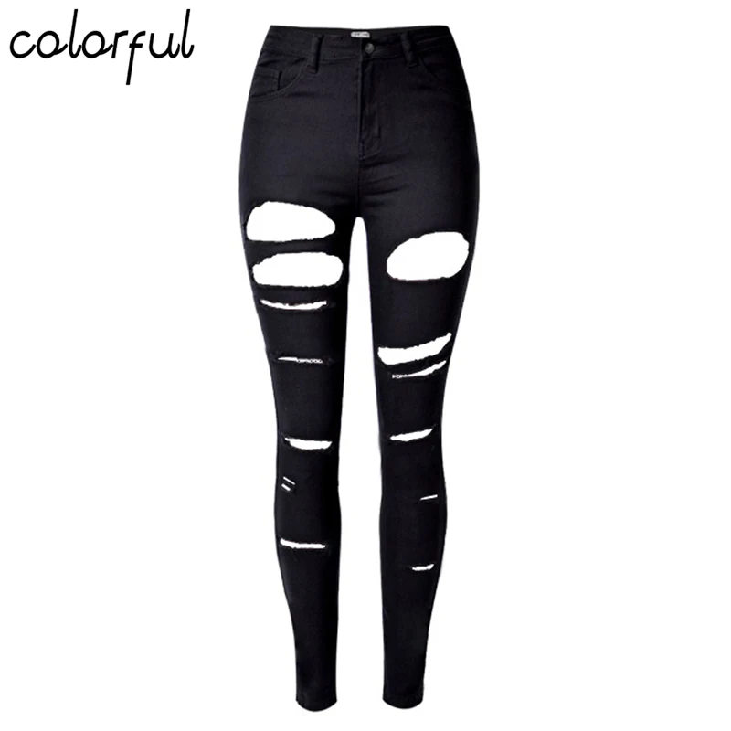 

COLORFUL Big Hole Black Skinny Jeans Plus Size Softener Jeans with Pocket Fashionable Women Favorite Superstar Pencil Pants