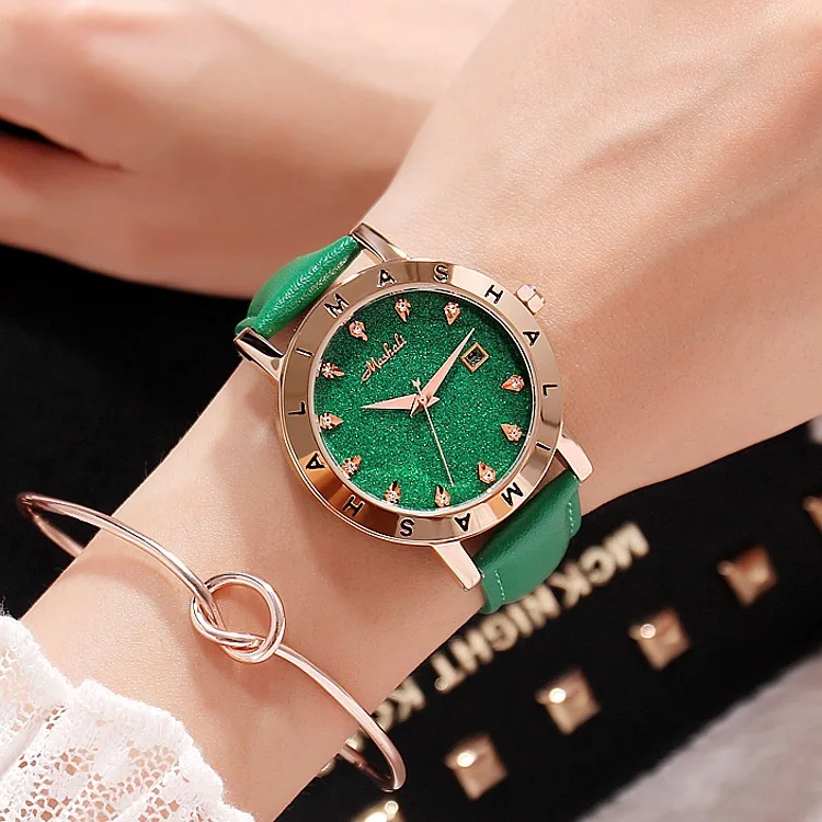 Gold Green Модные женские часы с зеленым циферблатом, 38 мм, Фиолетовый кожаный ремешок, кварцевые женские часы, подарок для женщин, relojes para mujer - Цвет: Gold Green