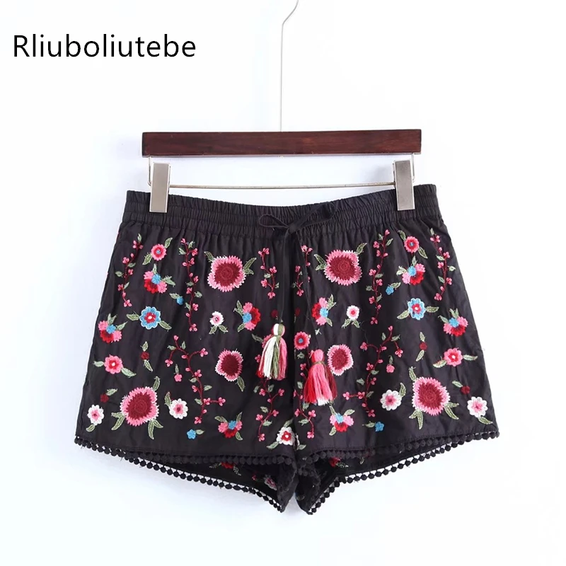 summer women embroidery shorts lace up tie multicolor embroidery