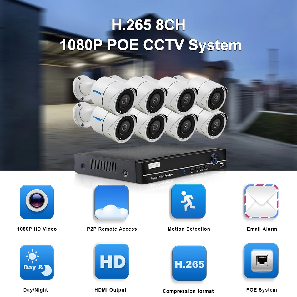 Smar H.265 8CH 1080 P POE NVR комплект из металла 2.0MP инфракрасный наружный водонепроницаемый IP66 POE IP Камера видеонаблюдения Камера Системы 2 ТБ HDD XMEYE