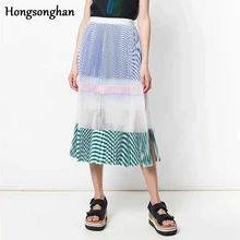Hongsonghan стиль досуга ветер Фея боковое открытие с высокой талией, в полоску лоскутное прерия шик кружева плиссированные юбки tide