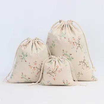 

Literary Cotton Linen Drawstring Bag Vintage Flower Plant Coffee Gift Candy Packaging Bags Women Travel Pouch Storage Coin Purse