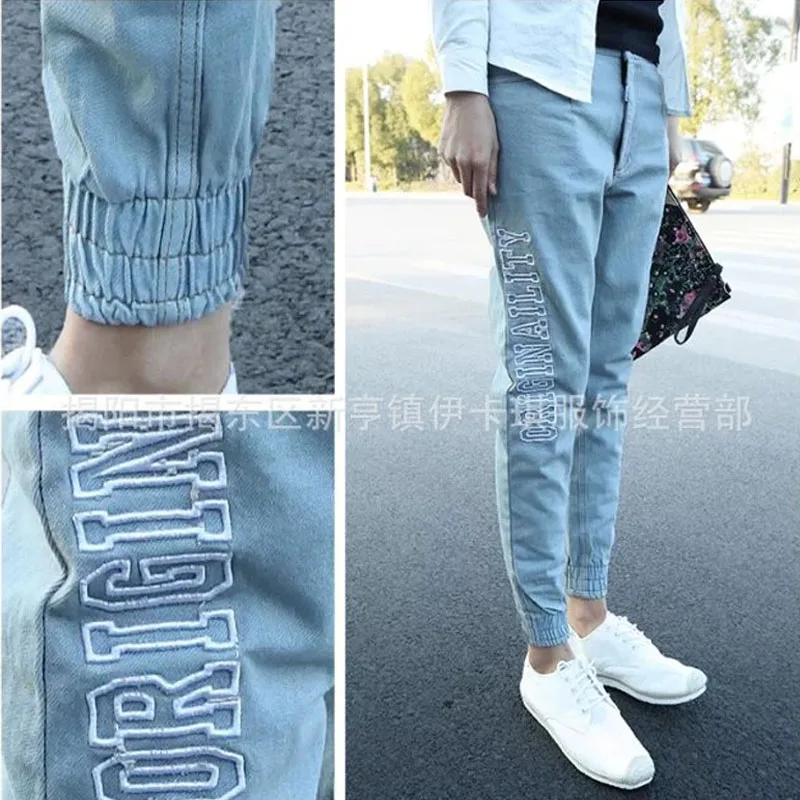 

High quality 2019 Spring Autumn denim Embroidery Letter Pencil Pants street Men Hip Hop teenagers Cowboy Beam foot Pants 28-34
