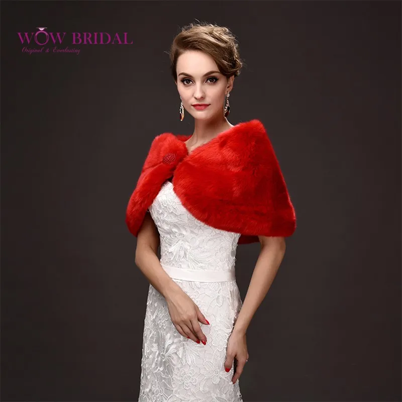 Wowbridal элегантная красная Свадебная куртка из искусственного меха, однотонная окрашенная шаль, свадебное пальто, аксессуары