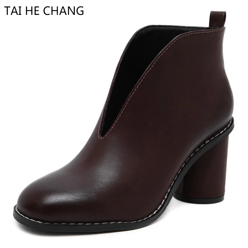 

2017 autumn new style shoes woman boots PU ankle V slip-on chelsea boots square heels solid rubber shallow women shoes botas