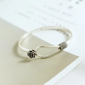 

S925 Sterling Silvery Bracelet Retro Rose Flower Open Female Personality