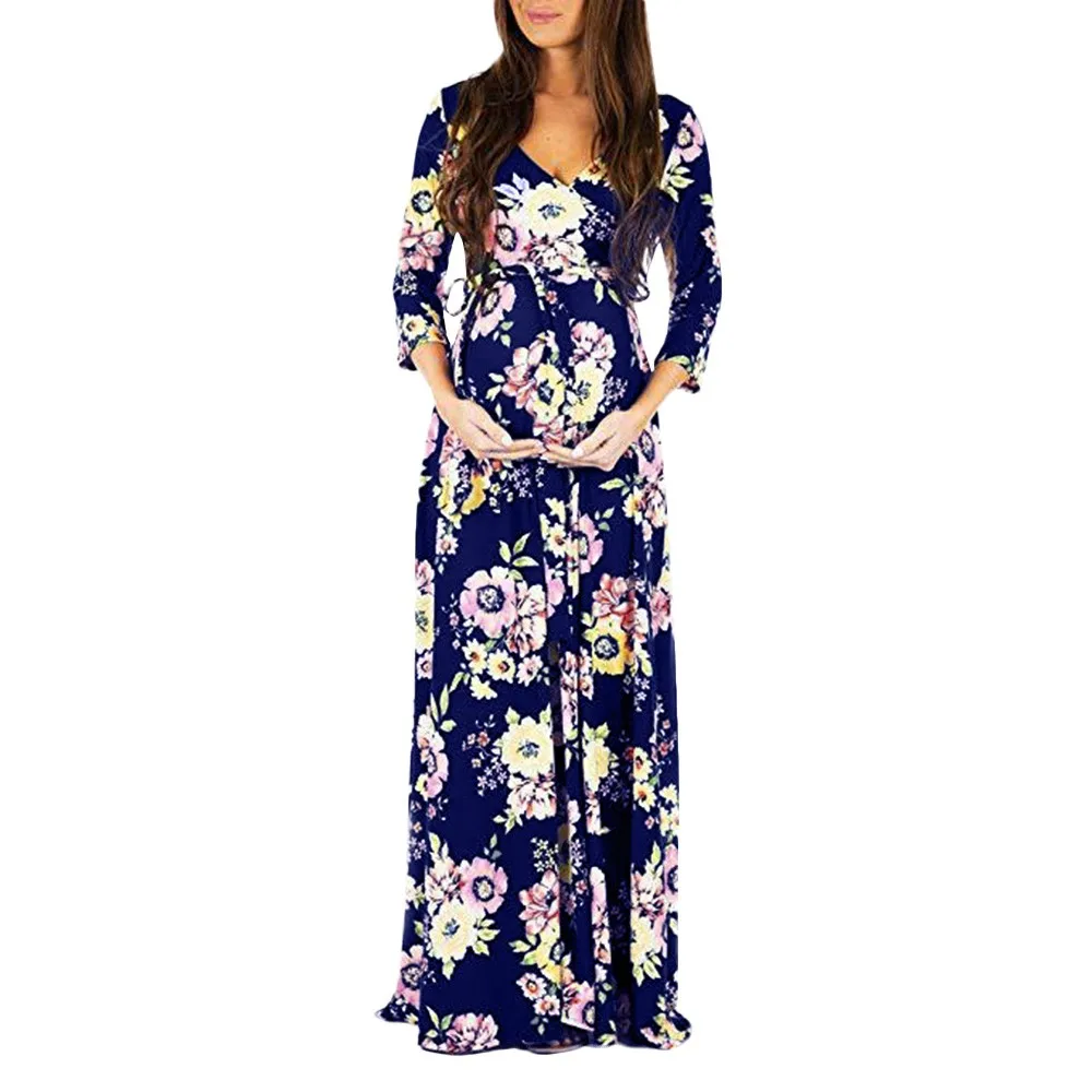 Женское платье для беременных с v-образным вырезом и длинными рукавами; платье для беременных с цветочным принтом; сарафан для беременных; moda gestante maternidad ropa - Цвет: Navy